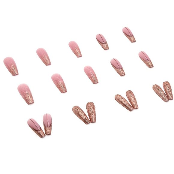 24pcs Pink Long Coffin Fake Nails With Golden Glitter Design - Picture 6 of 8